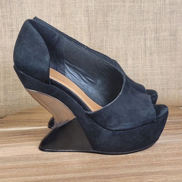 Anthropologie Leifsdottir Katerina Heels Black Suede Peep Toe Size 36 US 5.5 - Picture 1 of 10
